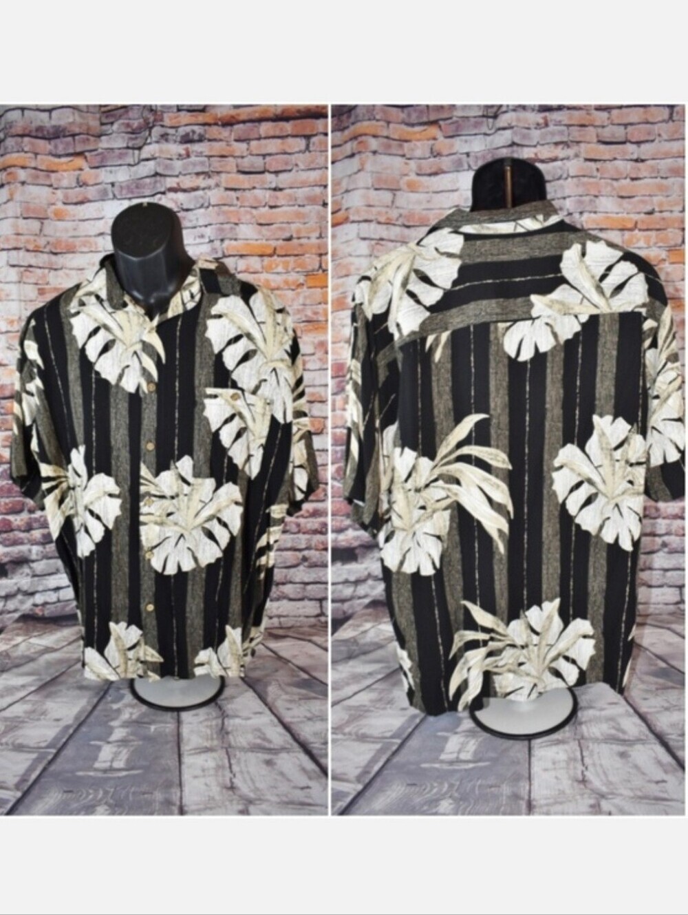 Puritan Black Grey White Palm Leaf Hawaiian Tropical Shirt Flowers Men's XL EUC